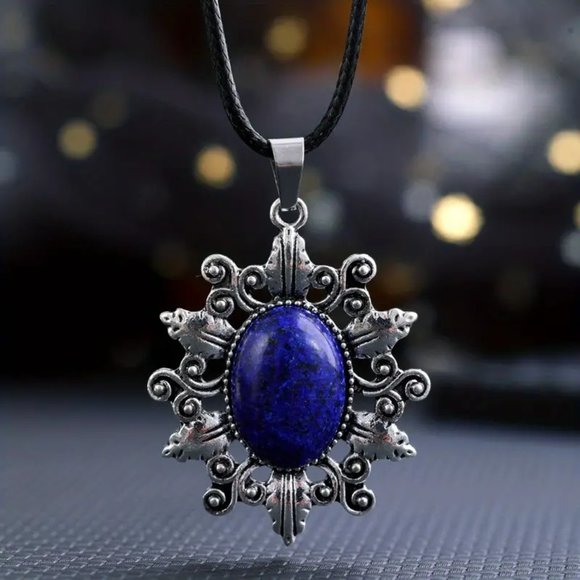 Lapis Lazuli Natural Stone Sunflower Pendant Hollow Pattern Gemstone Necklace - Picture 2 of 2